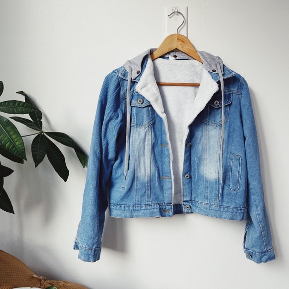 FAUX LINED HOODED DENIM JACKET - Picture 1 of 3